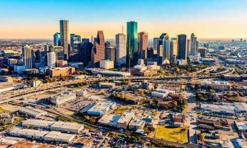 Downtown Houston Texas shot near dusk from an altitude of about 1200 feet over the city.